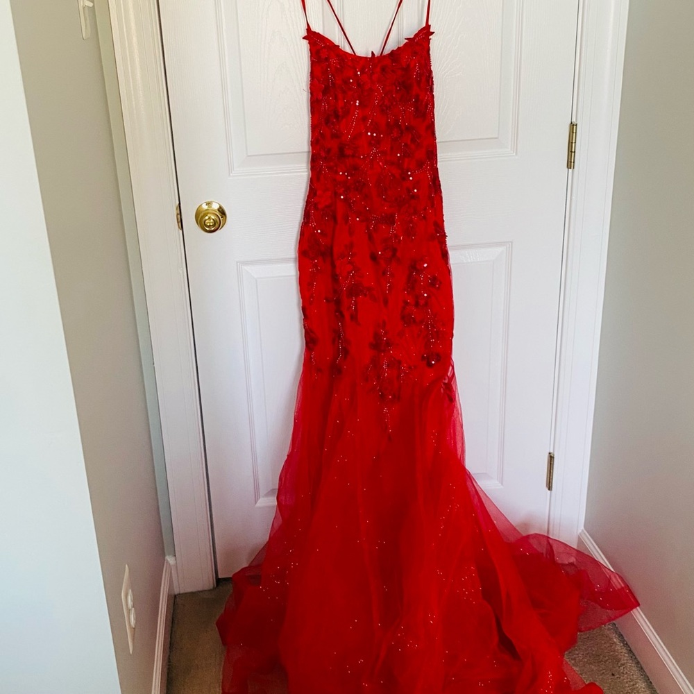 Jules and Cleo Red Prom Dress 3D Floral Corset Mermaid Dress SZ8